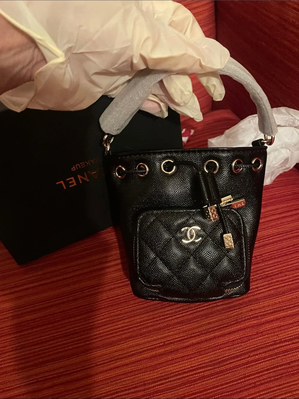 Make up Black Quilted Bucket Bag with Gold Hardware
